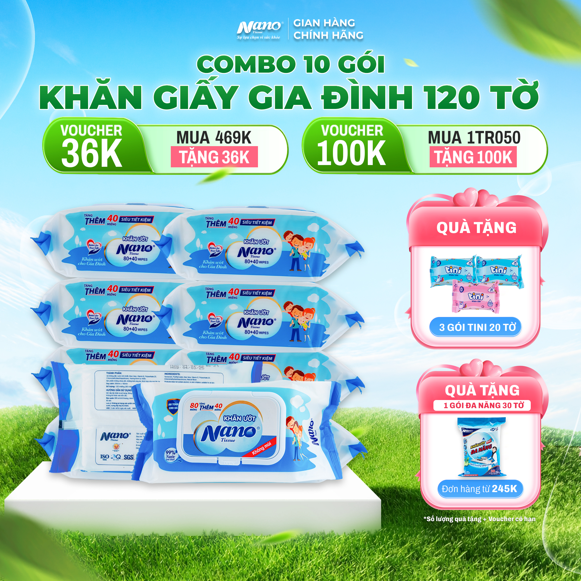Khăn ướt GĐ 80+40 miếng không mùi (xanh dương)